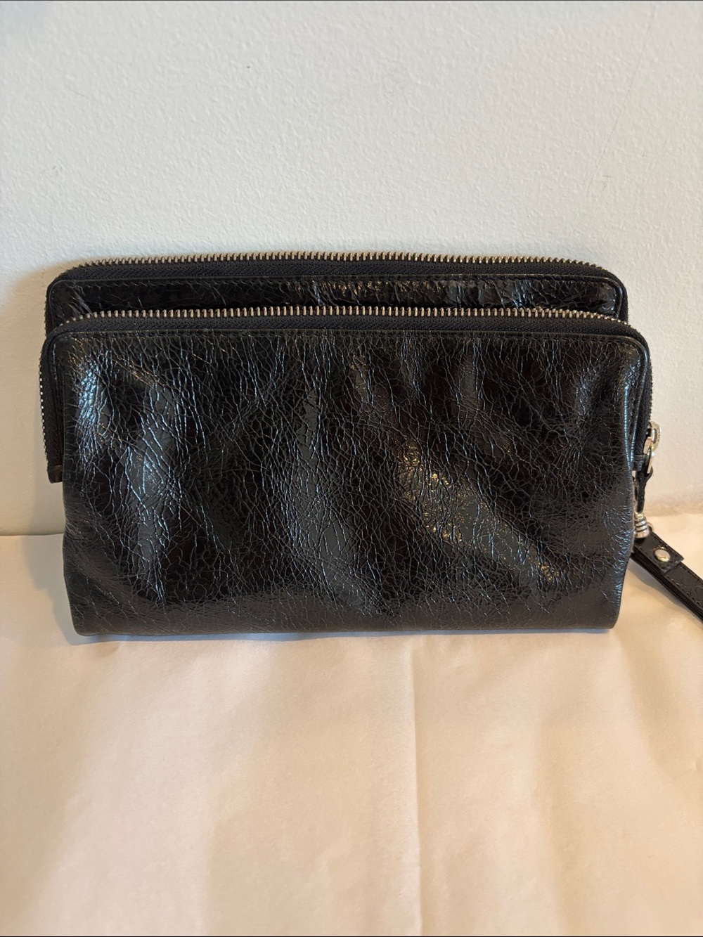 Black Leather Wristlet Clutch purse large wallet multi compartment lined